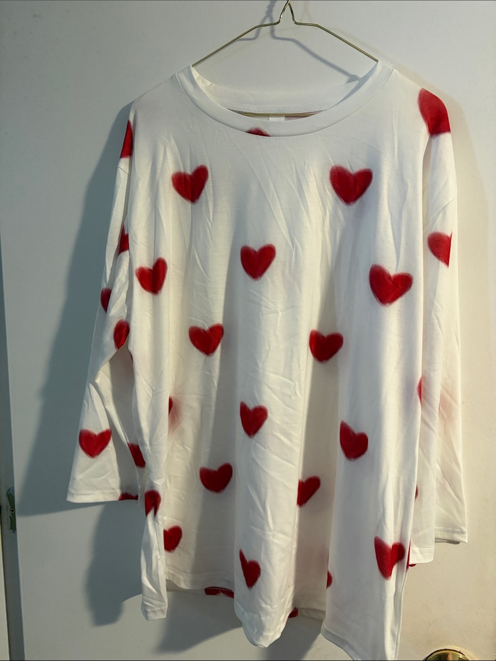 Ladies White 3/4 Sleeve Tee with Red Heart Print